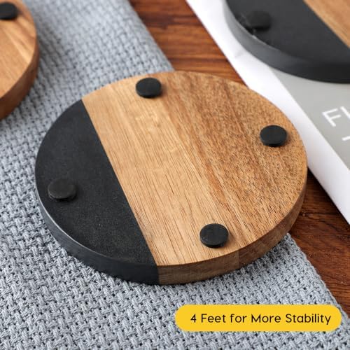 WLWNWFT Marble Acacia Wood Drinks Coasters Set of 4, Modern Rustic