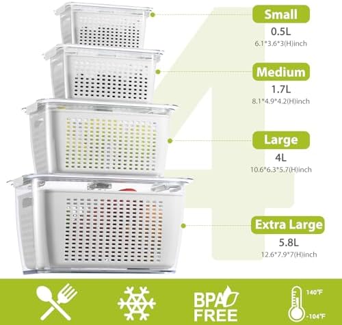 LUXEAR 4 Pack Fruit Vegetable Containers for Fridge, Produce Saver
