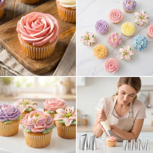 7 Pcs Cake Piping Tips,Flower Piping Tips Set with Coupler Petal &