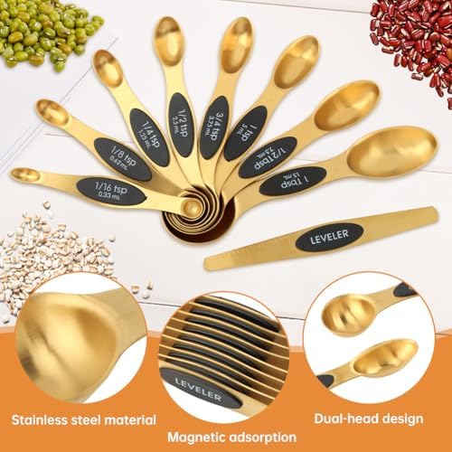 13Pcs Magnetic Measuring Spoons Set,Gold Stainless Steel Measuring