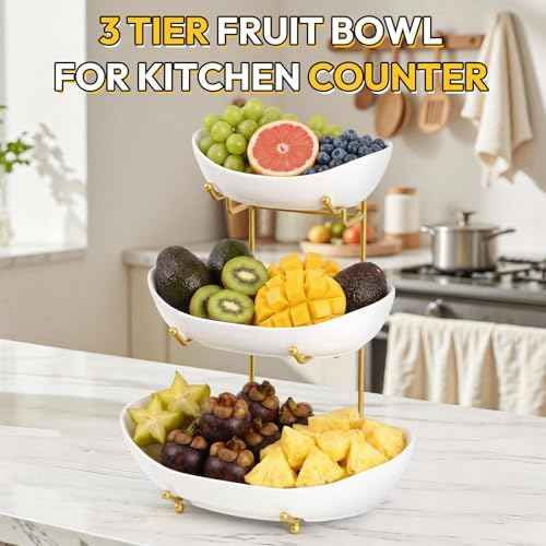 3 Tier Fruit Bowl for Kitchen Counter (PLUS edition) - Large Ceramic Fruit Basket with Metal Stand for Kitchen Countertop, Tiered Fruit Stand for Vegetable Storage, Cake, Snack, Dessert, Nuts