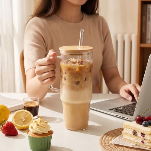 Glass Tumbler with Handle, 40 oz, 2 Pack, with Bamboo Lid
