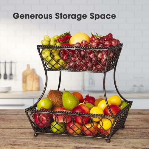 Gourmet Basics by Mikasa Loop and Lattice 2-Tier Rectangular Metal Countertop Basket, 14.25 x 12 Inches, Antique Black Finish, Kitchen Fruit and Bread Storage Organizer