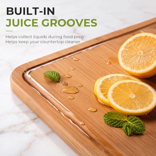 Bamboo Cutting Board Set of 3 with Stand, Juice Grooves, Handles