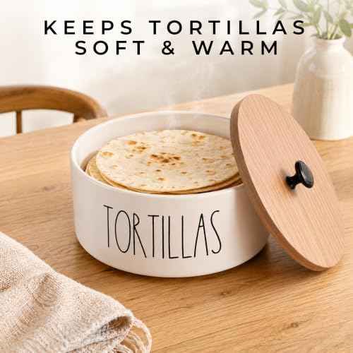 Tortilla Warmer with Lid — Ceramic Tortilla Holder with Wood Lid
