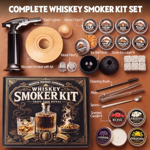 Whiskey Smoker Kit with Torch, 8 Wood Chip Flavors and 4 Scented