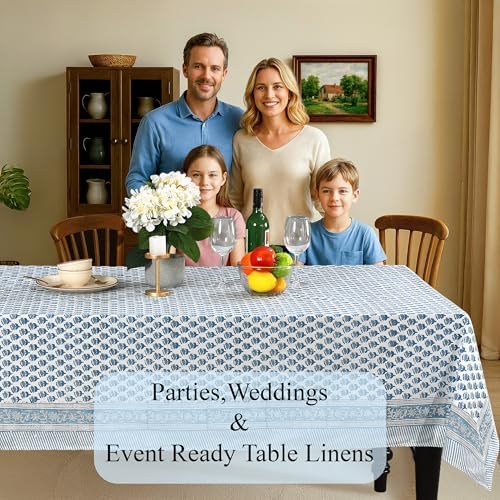 CPC Apatite Blue Block Print 100% Cotton Square Tablecloth 60x60 Inch