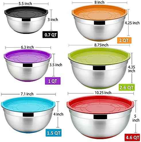 P&P CHEF Stainless Steel Mixing Bowls With Lids, Set of 6, Multicolor