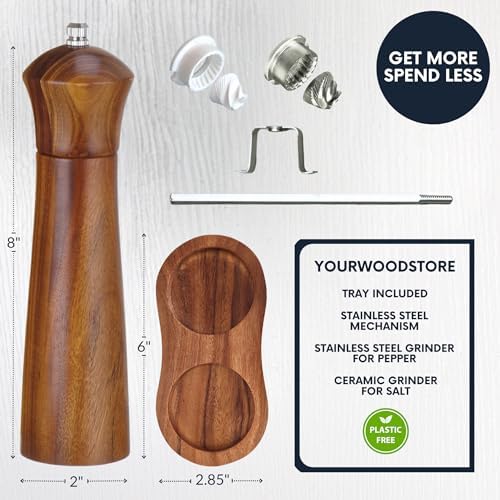 Wooden Salt and Pepper Grinder Set with Tray, 8 Inch, Set of 2