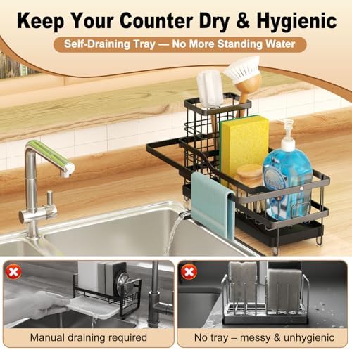 Sponge Holder for Kitchen Sink, Self-draining Sink Organizer with