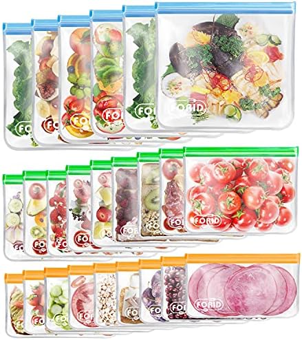 FORID 24 Pack Reusable Food Storage Bags, Silicone Gallon Freezer