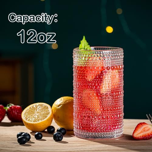 Drinking Glasses, 8 pcs Embossed Designed Glass Cups, 12oz Highball