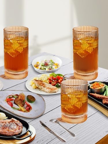 Amber Glassware Ribbed Drinking Glasses Set of 8, Vintage Glassware