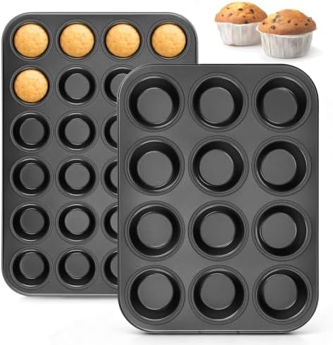 E-far Muffin Pan Set of 2, Regular 12-Cup & Mini 24-Cup Cupcake Pan