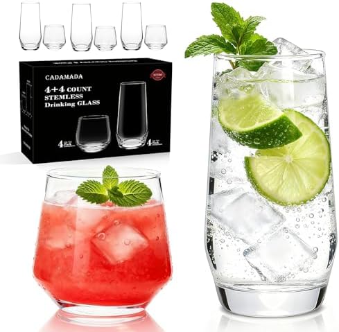 Drinking Glasses Set,4 Tall Glasses 18oz & 4 Stemless Rocks Glasses