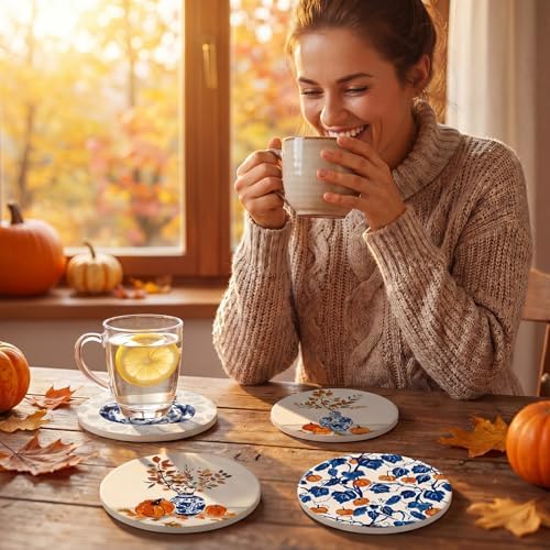 Hushee Fall Pumpkin Coasters Set of 4 Ceramic Blue Vase Chinoiserie