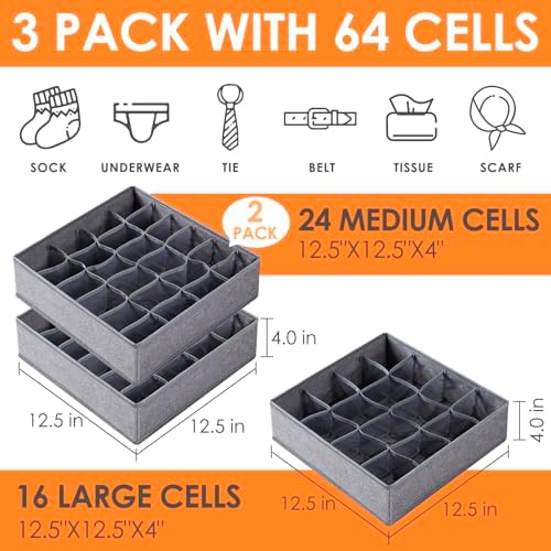 Criusia 3 Pack Sock Underwear Drawer Organizer Dividers, 64 Cell