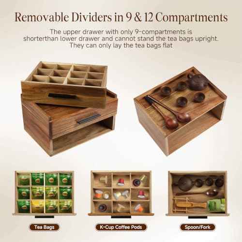 Acacia Wood Tea Bag Organizer - Double-Drawer Tea Box(21-Compartment)