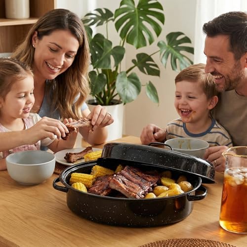Turkey Roasting Pan With Lid 18in Enamel Carbon Steel Roaster Pot, Broiler Pan Great-for Roasted Turkey Chicken Baking Bread18 Pound Large Capacity High Temperature Resistance Oval Cookware