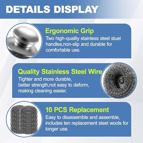 10Pcs Steel Wool Scrubber Set with 2Pcs Handles