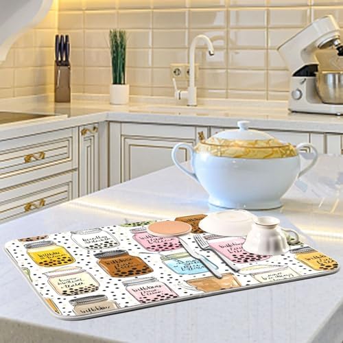 OTVEE Drink Pattern Art Dish Drying Mat for Kitchen Counter Absorbent