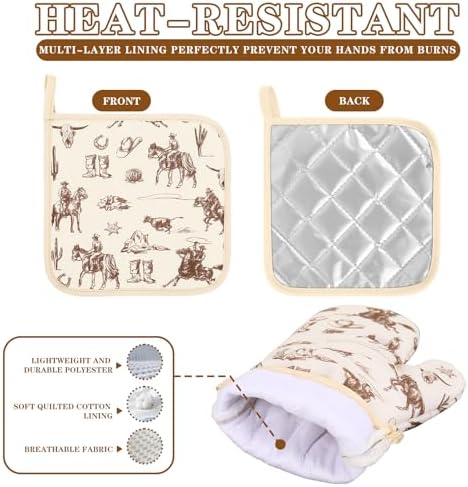 JarThenaAMCS Cowboy Oven Mitts and Pot Holders Set, 4 Pcs