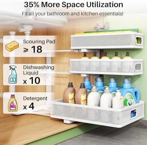 Kitstorack Under Sink Organizer, 2-Pack 3-Tier Height Adjustable
