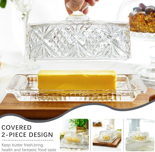 8" Crystal Covered Butter Dish for Countertop, Glass Butter Dish with