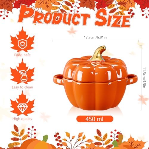 FoldTier 3 Pcs Pumpkin Bowls Ceramic Pumpkin Dish Pot 15.5 oz