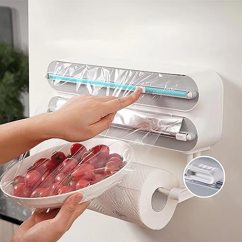 Magnetic Wrap Dispenser with Cutter - 3-in-1 Kitchen Organization and Storage for Plastic Wrap, Aluminum Foil & Paper Towel Holder | Strong Magnet Fridge & Wall Mount (Includes Wrap & Foil)