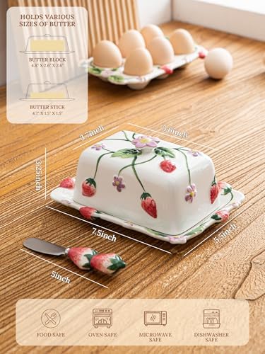 Cottage Strawberry Butter Dish w/ Lid & Knife, Artisanal Handmade