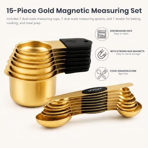 15-Piece Gold Magnetic Measuring Cups and Spoons with Leveler, Dual