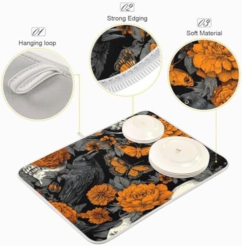 OTVEE Dark Floral Skull Dish Drying Mat for Kitchen Counter Absorbent
