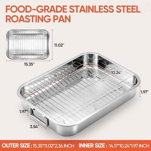 Roasting Pan with Rack,Nonstick Stainless Steel Turkey Roasting Baking Broiler Oven Pan Food Grade Roast Tray for Meat,Baking,Bread,Desserts,Snacks,Lasagna,etc (Medium)