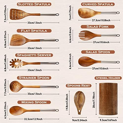 10-Piece Teak Wooden Utensil Set with Holder