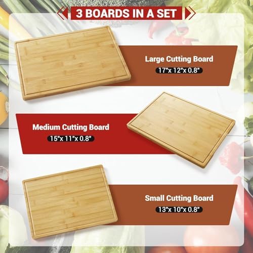 3-Piece Bamboo Cutting Board Set with Deep Juice Grooves & Built-In