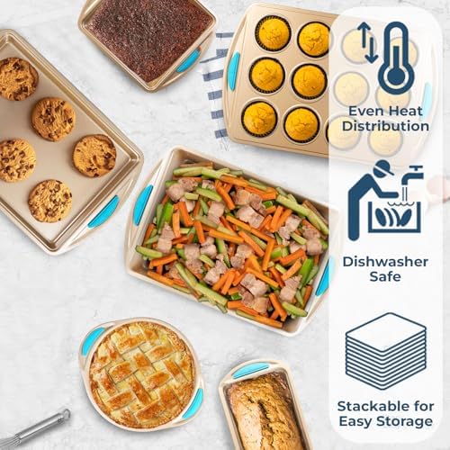 Perlli Baking Kit: Nonstick Gold Steel Oven Set - 6 Pieces, Round Cake