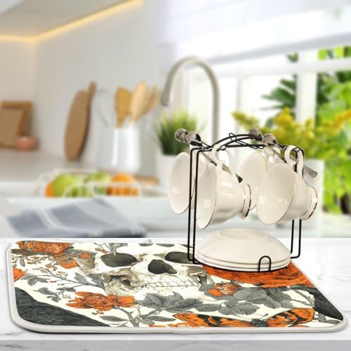 OTVEE Dark Art with Skulls Dish Drying Mat for Kitchen Counter