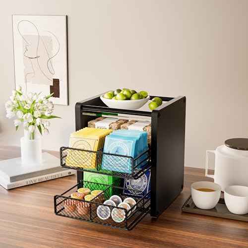 Tea Bag Organizer Box - Wooden Tea Bag Storage with 2 Drawers, Holder