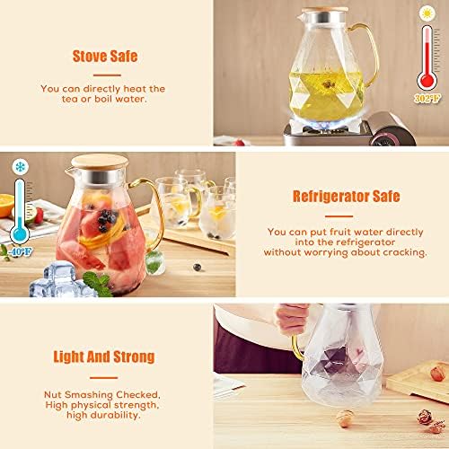 DUJUST 2 Litre Water Jug, Modern Diamond Design Glass Jug with Lid and