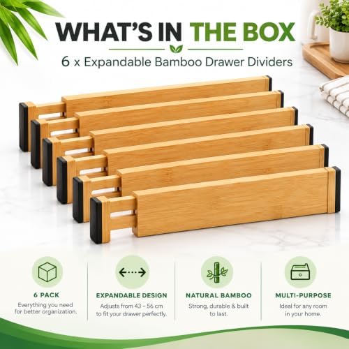 Bamboo Drawer Divider 6 Pack, Expandable Drawer Dividers, Adjustable