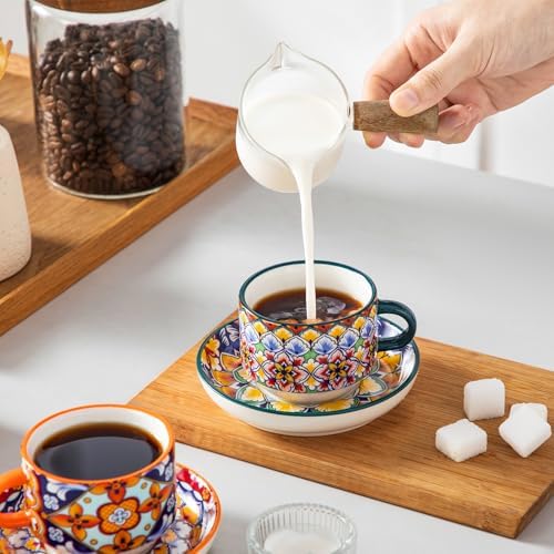 vancasso 4 Oz Bohemian Espresso Cup Set of 4, Ceramic with Saucers
