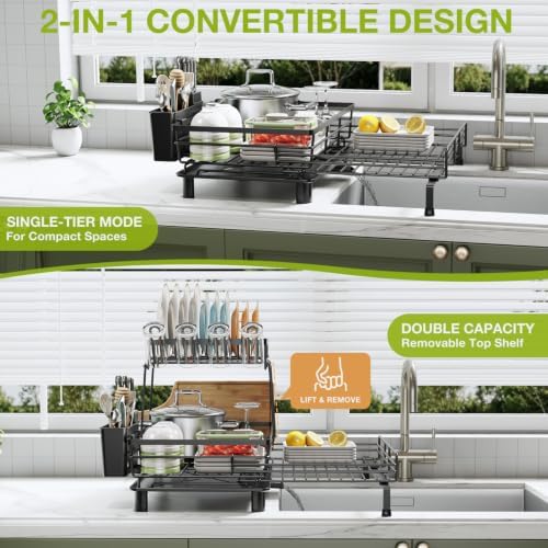 2-Tier Expandable Dish Drying Rack, Black