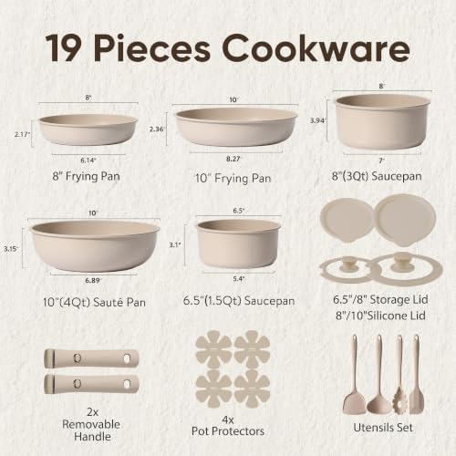 CAROTE 19pcs Pots and Pans Set Non Stick, Detachable Handle Cookware