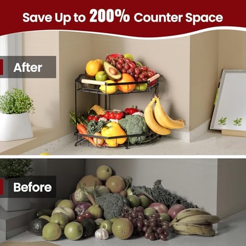 2 Tier Corner Fruit Basket for Kitchen Counter with Banana Hangers, Detachable Fruit Bowl with Wooden Handle, Metal Corner Rack for Fruit and Vegetable Storage, Kitchen Countertop Organizer