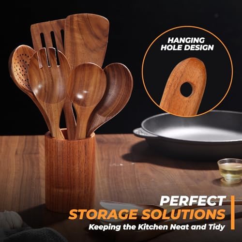 AIUHI Teak Wood Cooking Utensils Set, 9 Pieces Non-Toxic Wooden