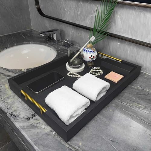 14x20 Inches Black Faux Leather Wrappen Wood Serving Tray with Metal
