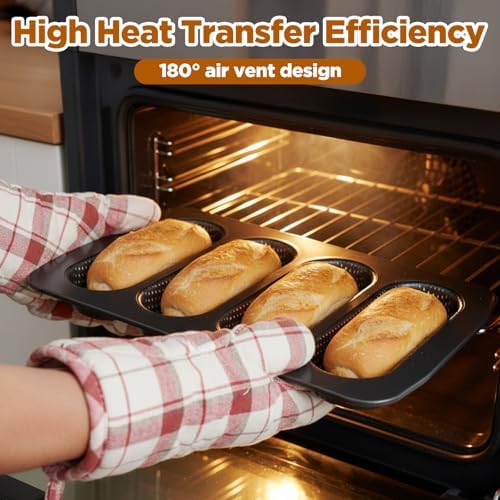 2 Pcs Hot Dog Bun Pan, 4 Cavity Perforated Carbon Steel Bread Loaf