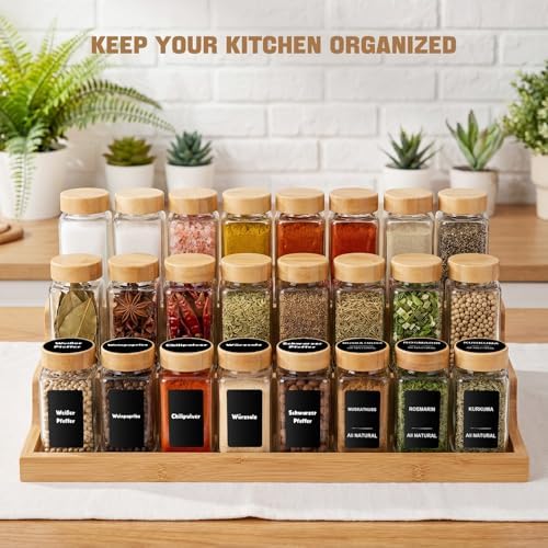 24 Pack Square Glass Spice Jars with Bamboo Lids, 4oz Spice Containers