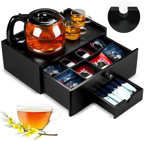 Cinnvoice Tea Bag Organizer Wooden Tea Storage Box, Black